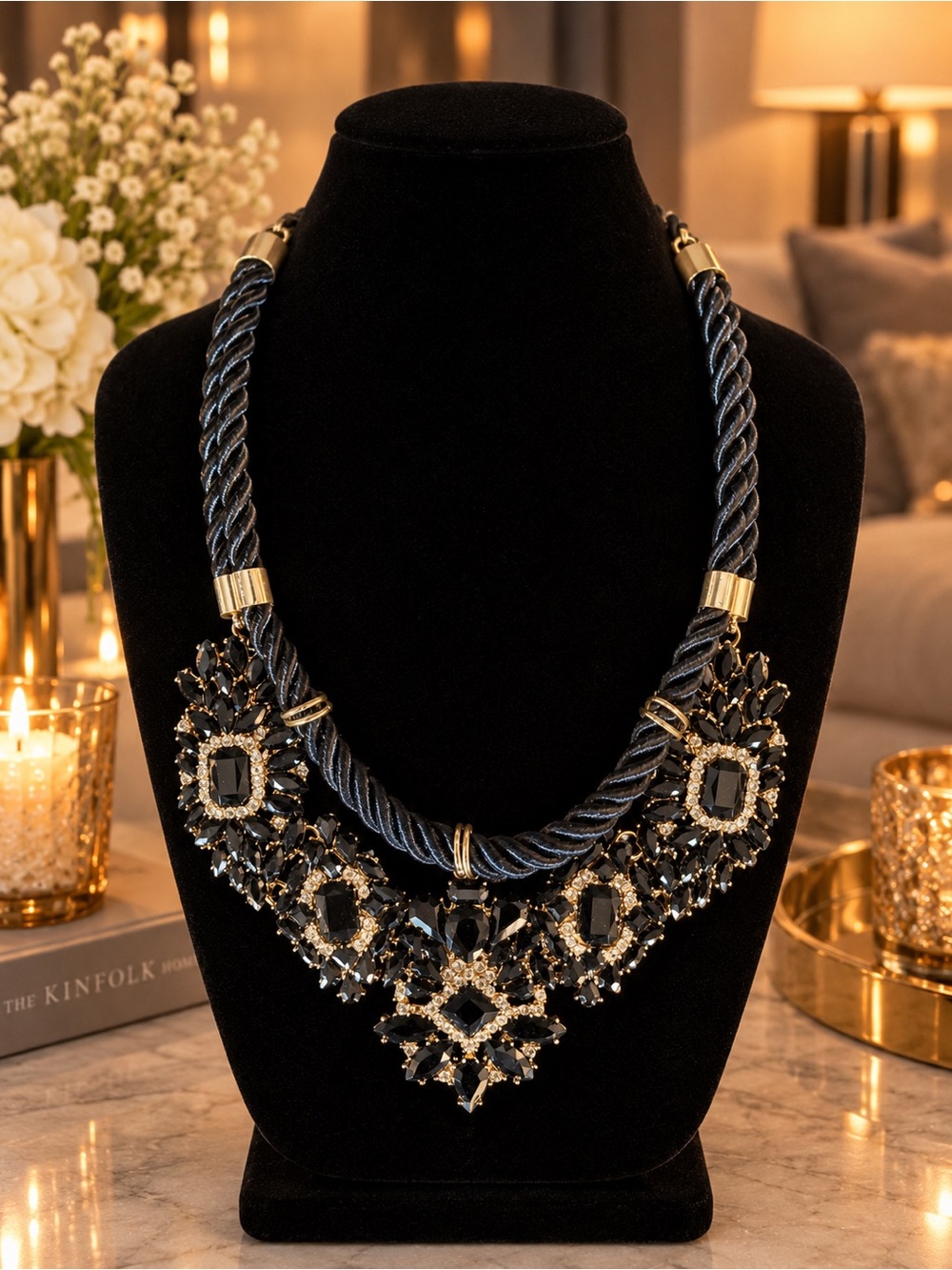 Elegant Black and Gold Crystal Statement Necklace - Women Jewelry
